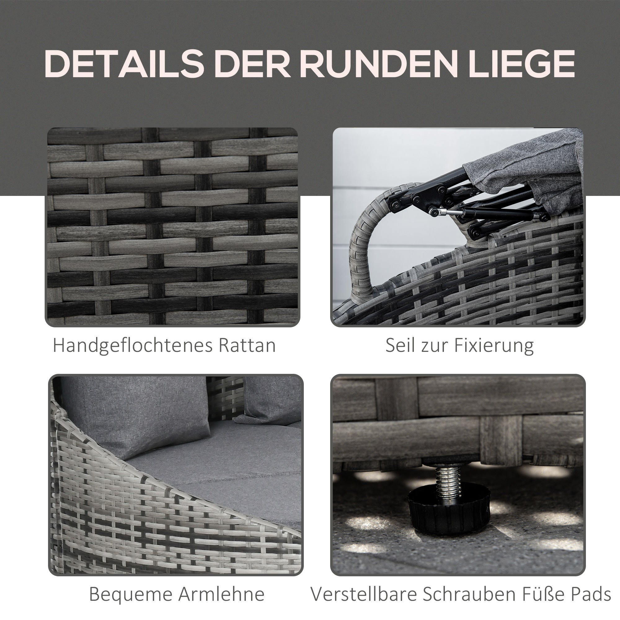 Rattan Daybed 4-Piece Sun Lounger with Sun Canopy Seating Group 4 Cushions Metal Grey 230 x 145 x 80 cm