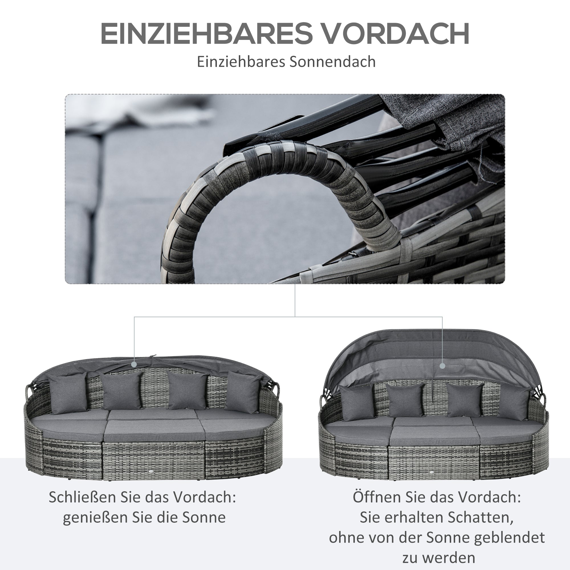 Rattan Daybed 4-Piece Sun Lounger with Sun Canopy Seating Group 4 Cushions Metal Grey 230 x 145 x 80 cm