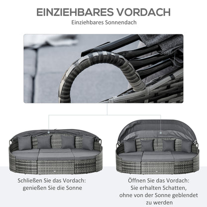 Rattan Daybed 4-Piece Sun Lounger with Sun Canopy Seating Group 4 Cushions Metal Grey 230 x 145 x 80 cm