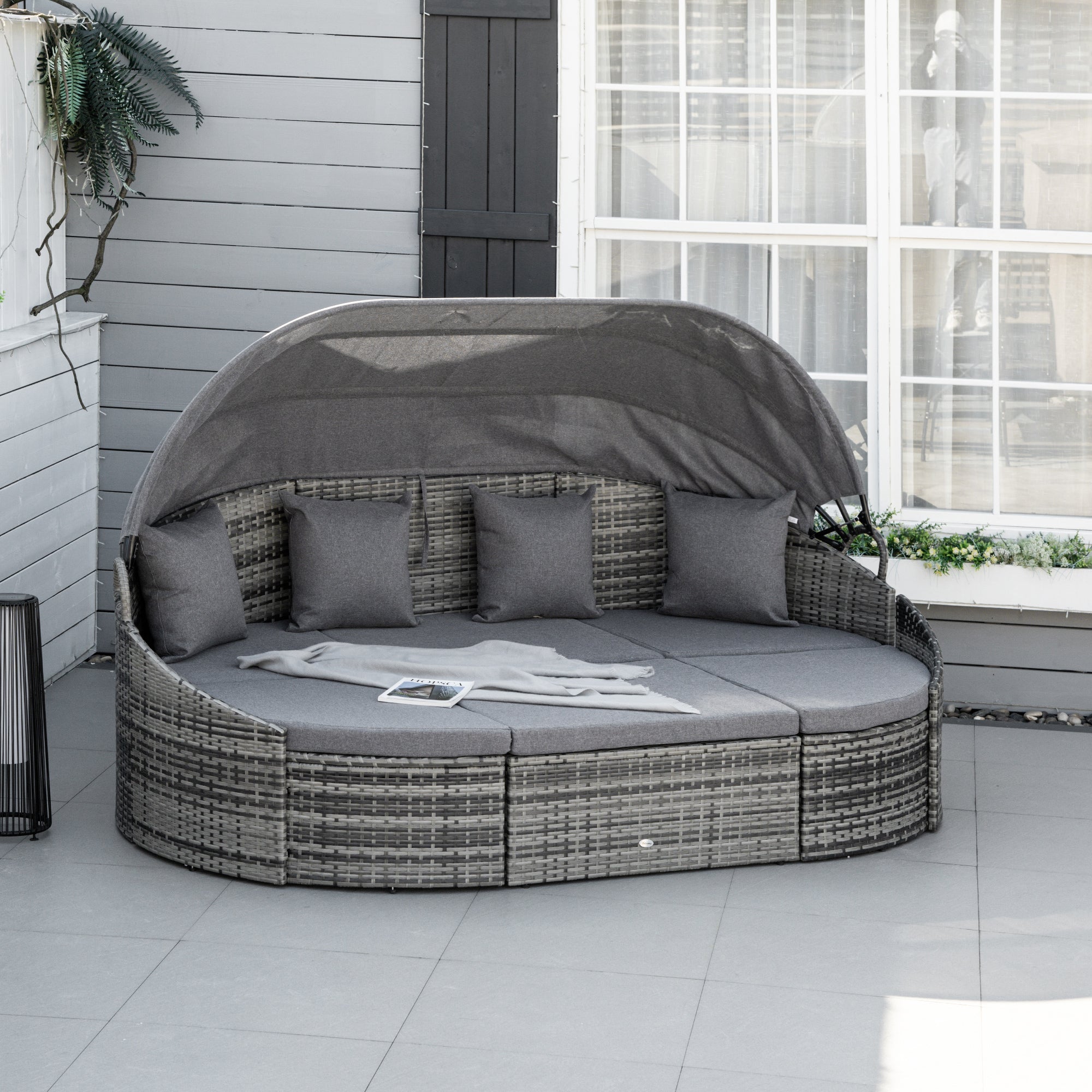 Rattan Daybed 4-Piece Sun Lounger with Sun Canopy Seating Group 4 Cushions Metal Grey 230 x 145 x 80 cm