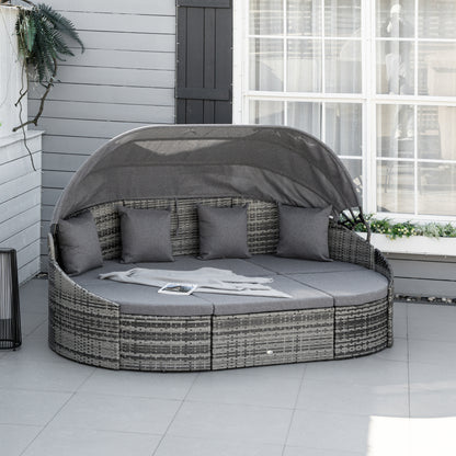 Rattan Daybed 4-Piece Sun Lounger with Sun Canopy Seating Group 4 Cushions Metal Grey 230 x 145 x 80 cm