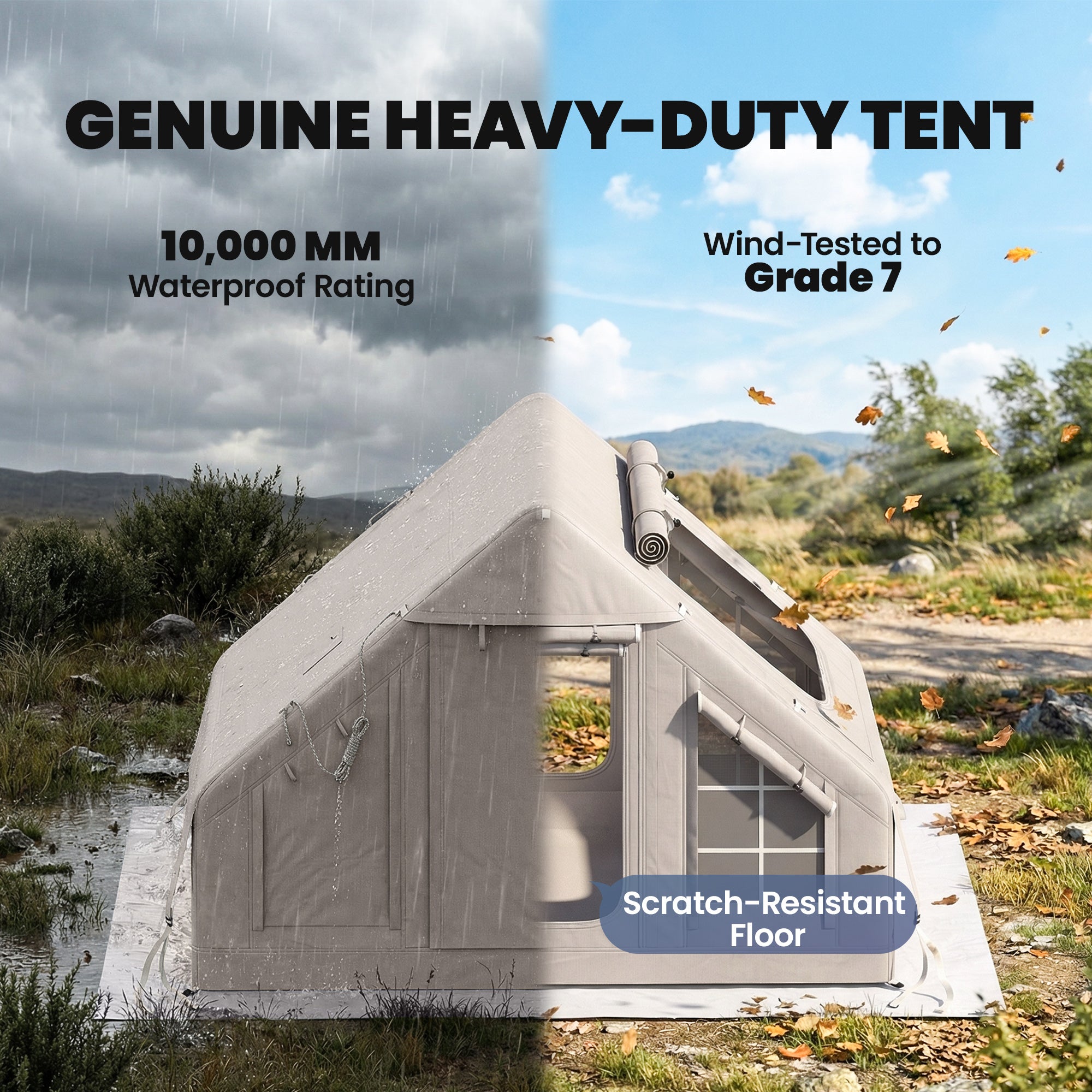 Inflatable Tent for 5–8 People — Quick Setup, 8000mm Waterproof & Windproof, Air Tent with Pump, Stove Jack, Roof Window, Scratch-Resistant Oxford Floor