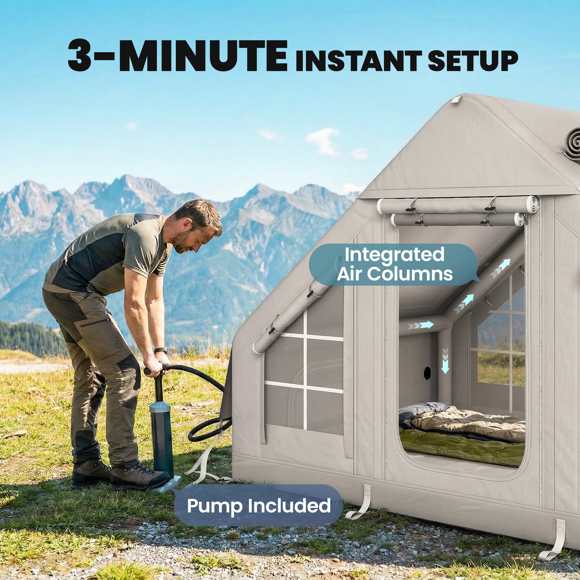 Inflatable Tent for 5–8 People — Quick Setup, 8000mm Waterproof & Windproof, Air Tent with Pump, Stove Jack, Roof Window, Scratch-Resistant Oxford Floor