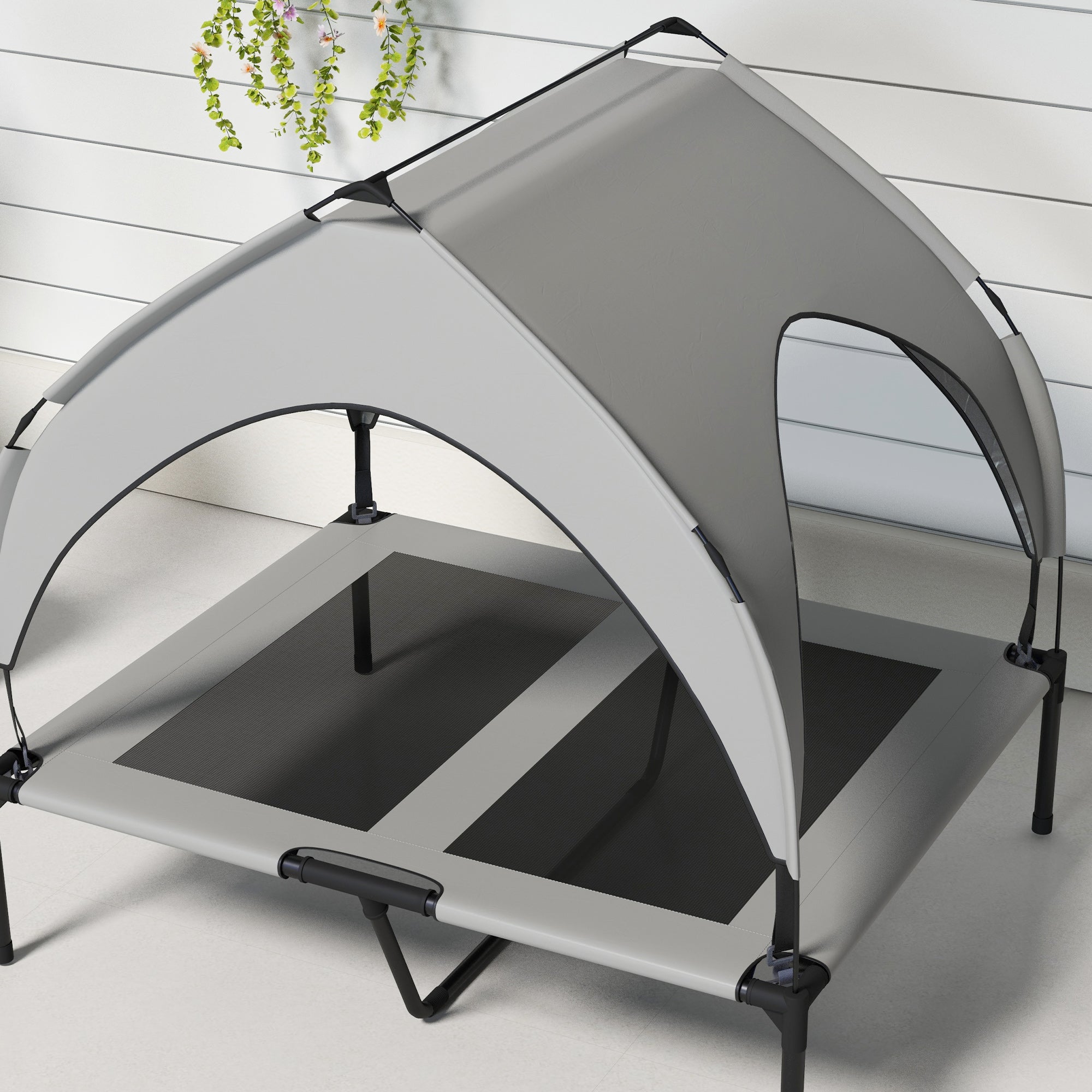 Elevated Dog Bed with Canopy, Pet Bed, Outdoor Dog Lounger with Roof, Breathable, for Large Dogs Light Gray Oxford 91 x 76 x 89 cm