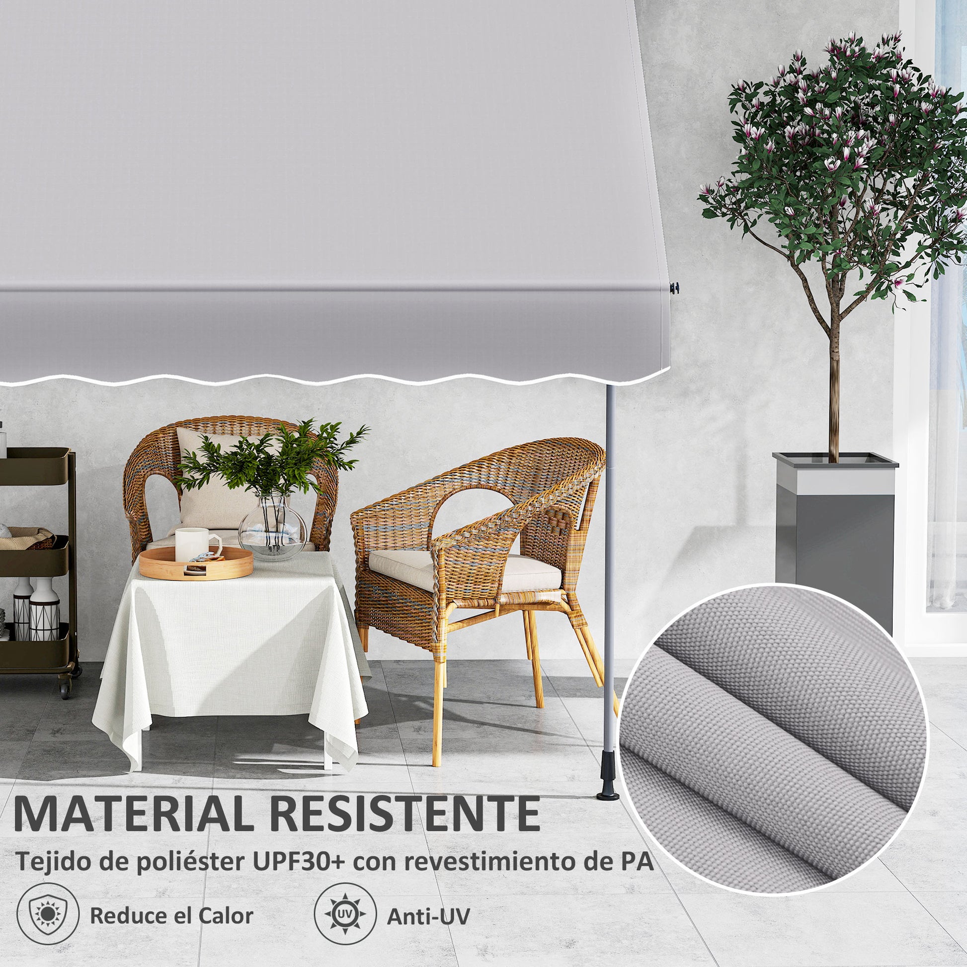 Manual Retractable Awning 2x1.2 m Outdoor Terrace Roll-up Awning Adjustable Height with Crank 210-310 cm UV30+ Protection No Drilling for Garden Balcony Patio Gray
