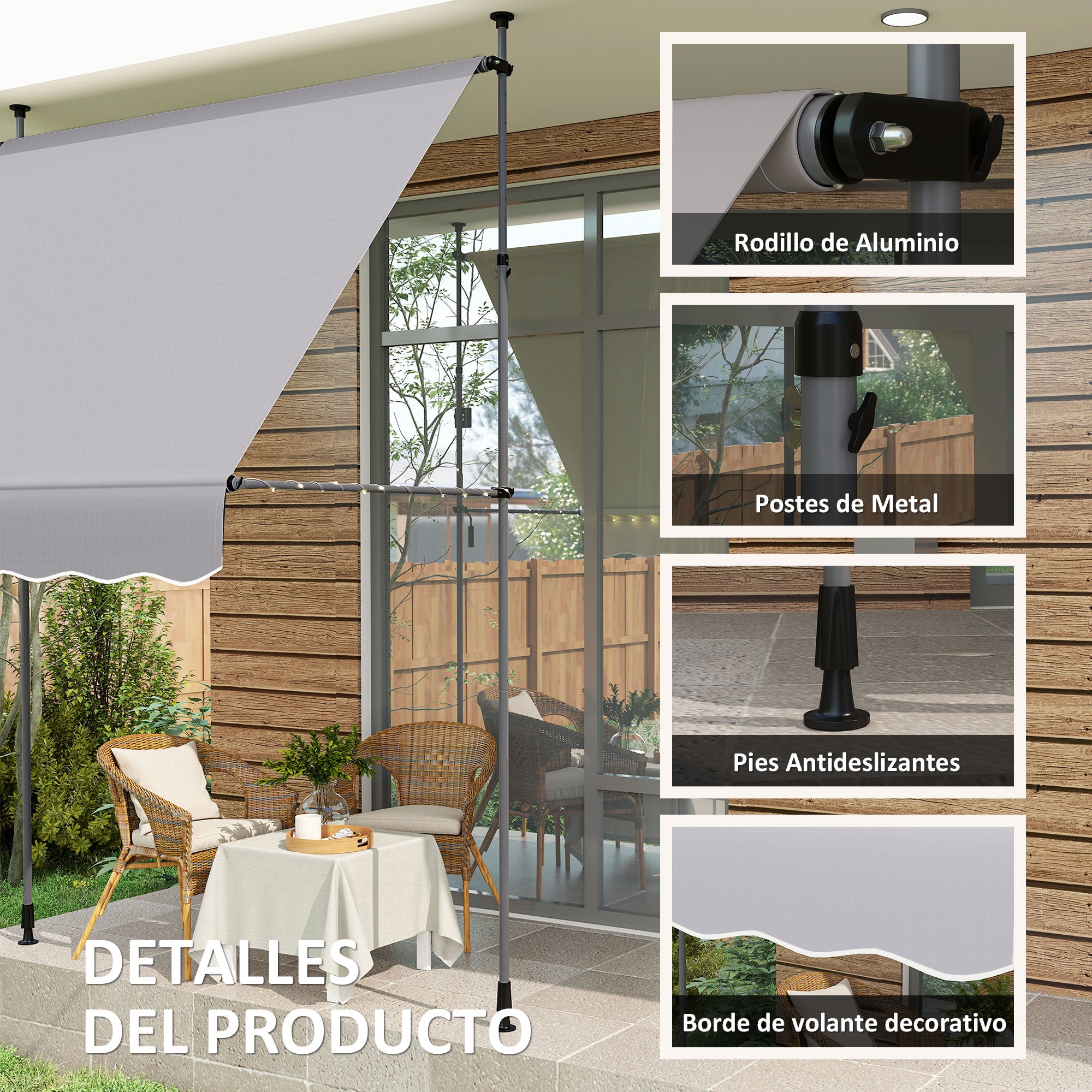 Manual Retractable Awning 2x1.2 m Outdoor Terrace Roll-up Awning Adjustable Height with Crank 210-310 cm UV30+ Protection No Drilling for Garden Balcony Patio Gray
