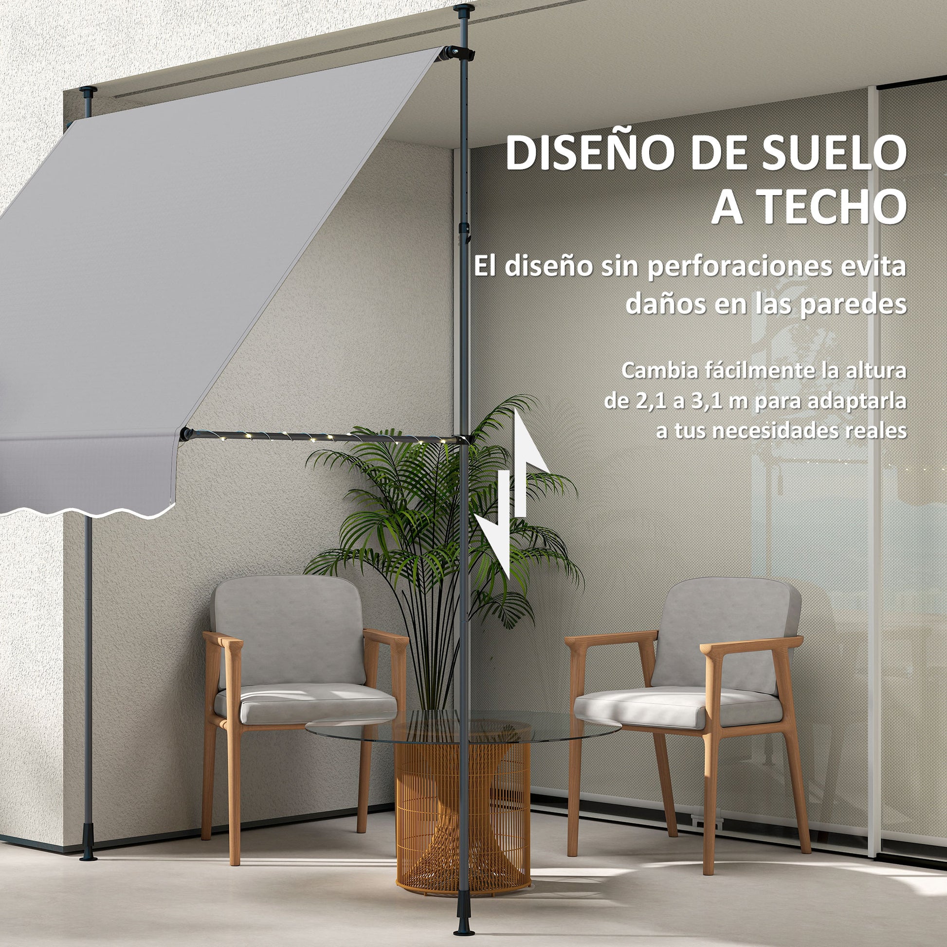 Manual Retractable Awning 2x1.2 m Outdoor Terrace Roll-up Awning Adjustable Height with Crank 210-310 cm UV30+ Protection No Drilling for Garden Balcony Patio Gray