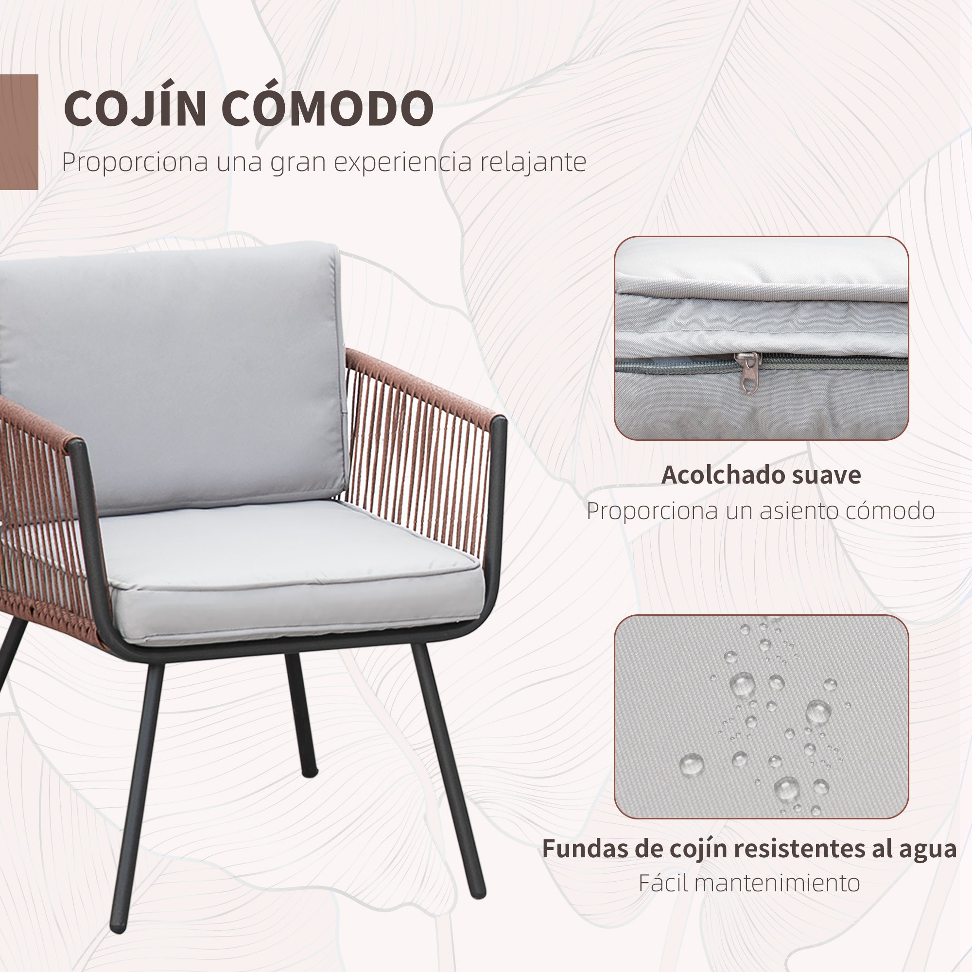 Synthetic Rattan Garden Furniture Set 3 Pieces Table and 2 Rattan Chairs with Removable Padded Cushions for Balcony Terrace Patio Teak and Gray