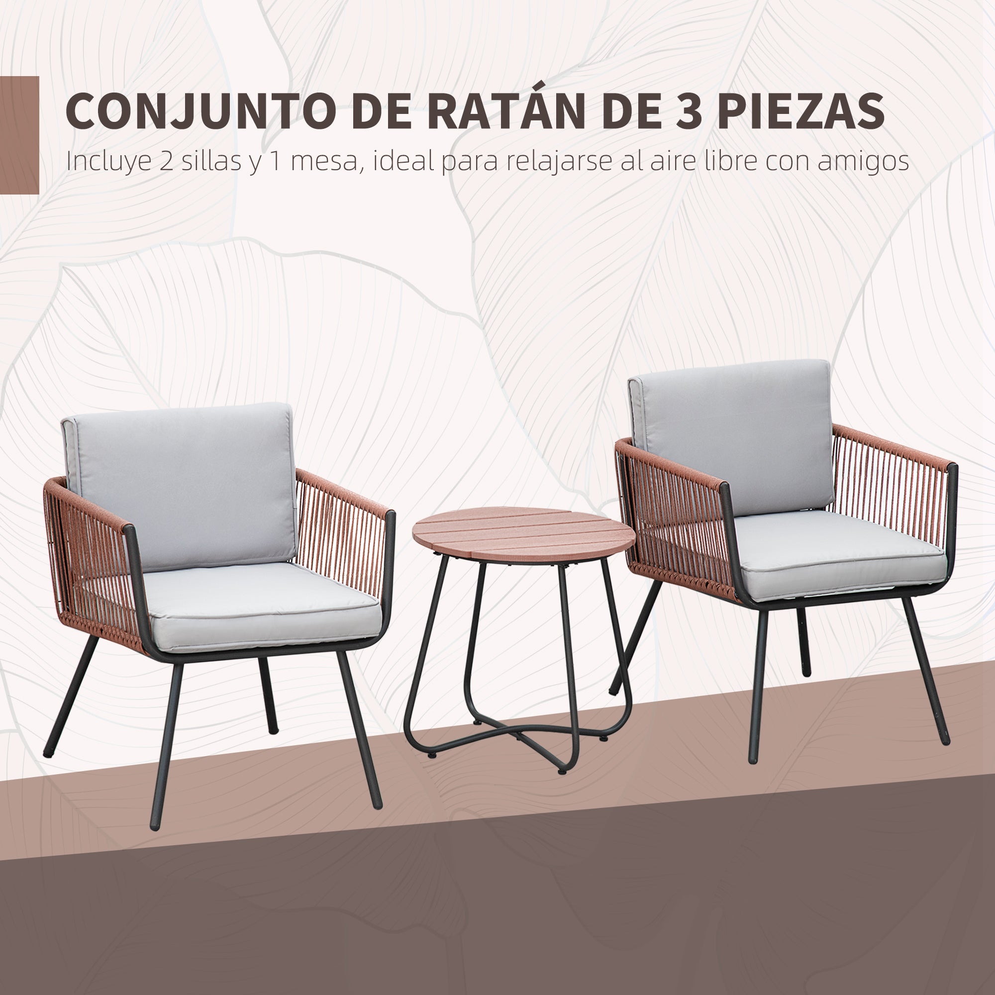 Synthetic Rattan Garden Furniture Set 3 Pieces Table and 2 Rattan Chairs with Removable Padded Cushions for Balcony Terrace Patio Teak and Gray