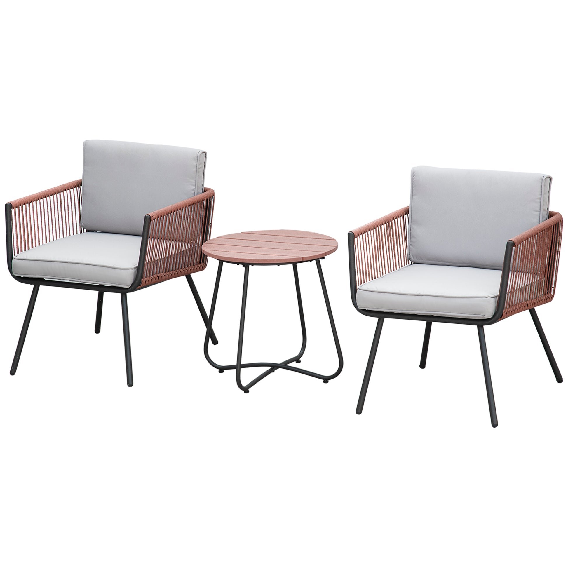 Synthetic Rattan Garden Furniture Set 3 Pieces Table and 2 Rattan Chairs with Removable Padded Cushions for Balcony Terrace Patio Teak and Gray
