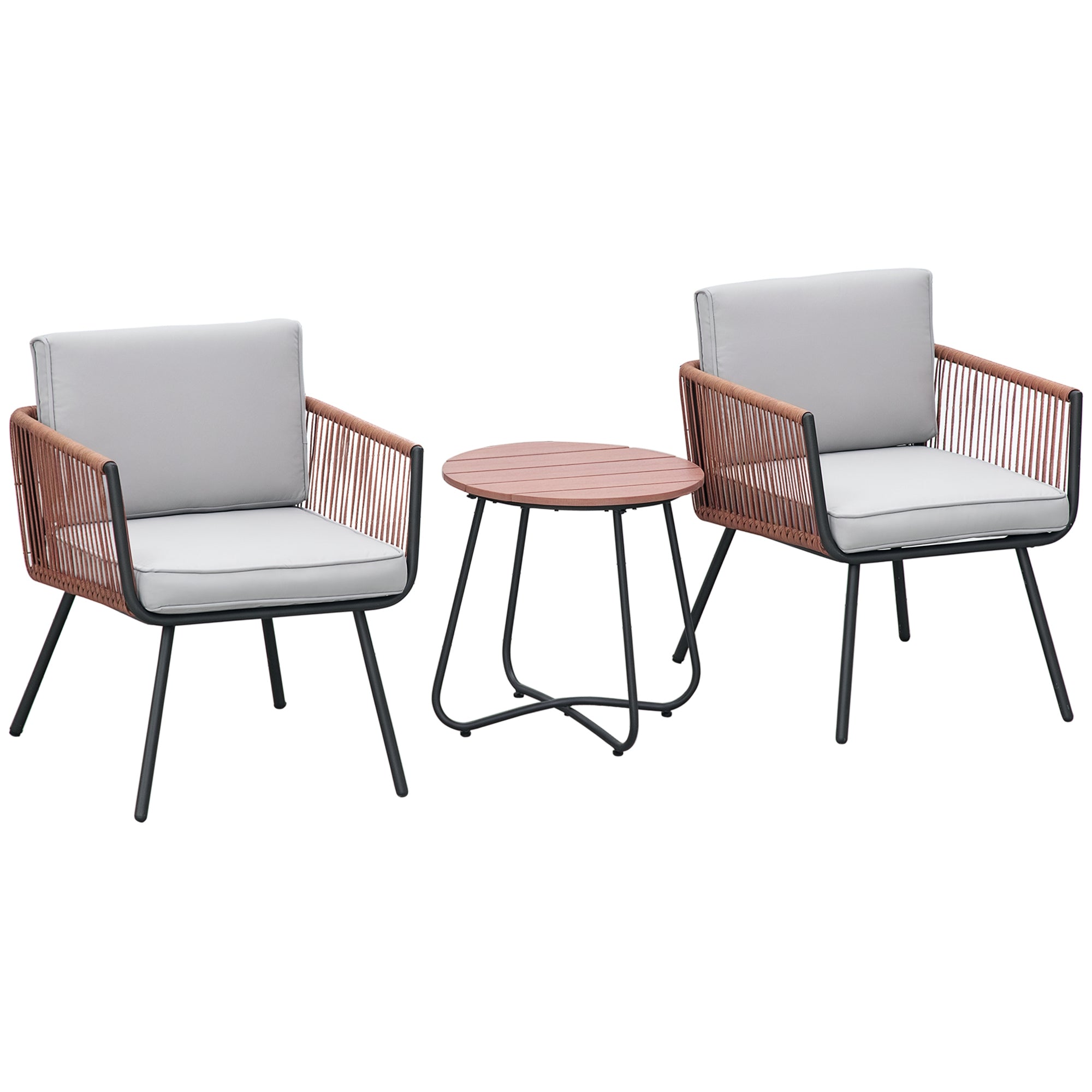 Synthetic Rattan Garden Furniture Set 3 Pieces Table and 2 Rattan Chairs with Removable Padded Cushions for Balcony Terrace Patio Teak and Gray