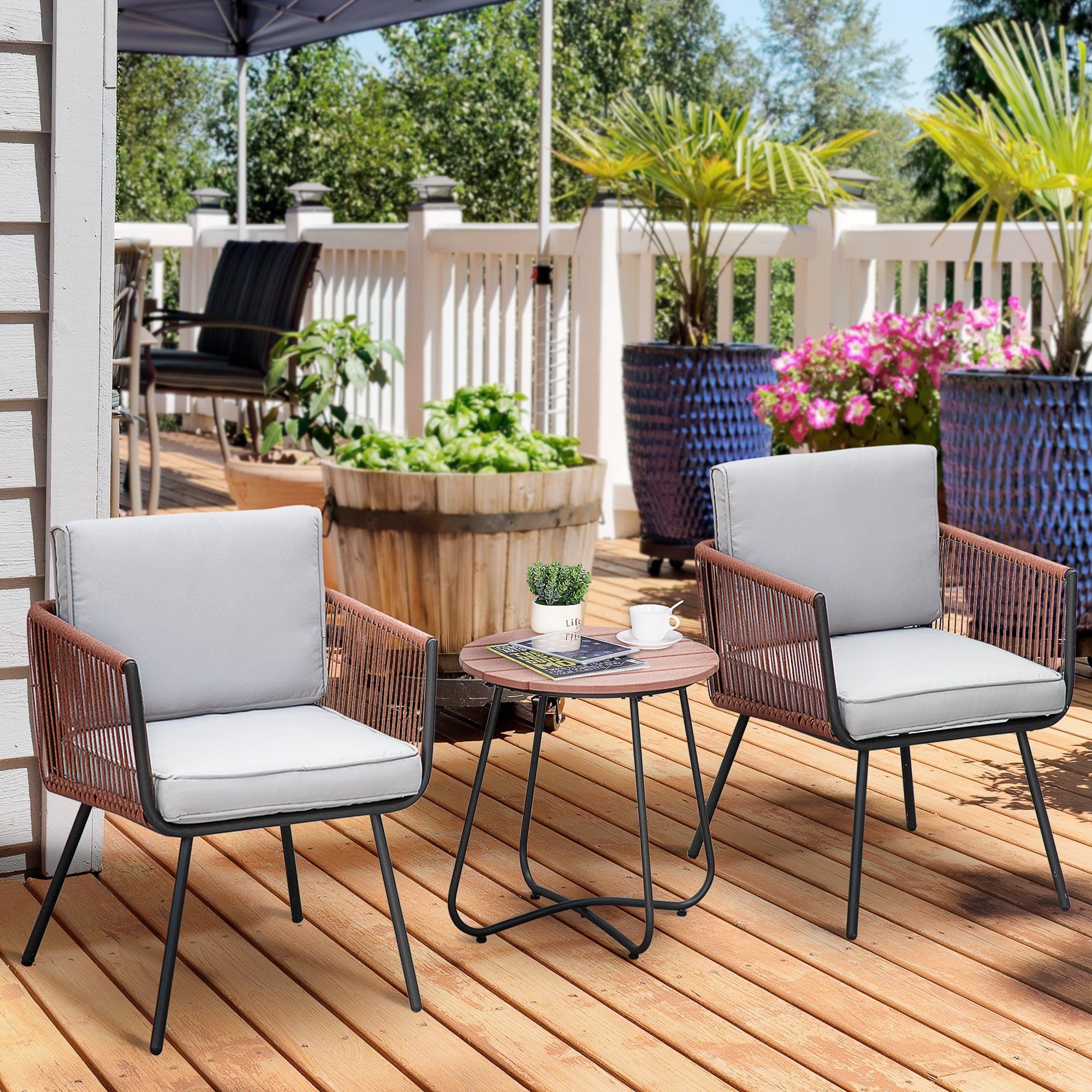 Synthetic Rattan Garden Furniture Set 3 Pieces Table and 2 Rattan Chairs with Removable Padded Cushions for Balcony Terrace Patio Teak and Gray