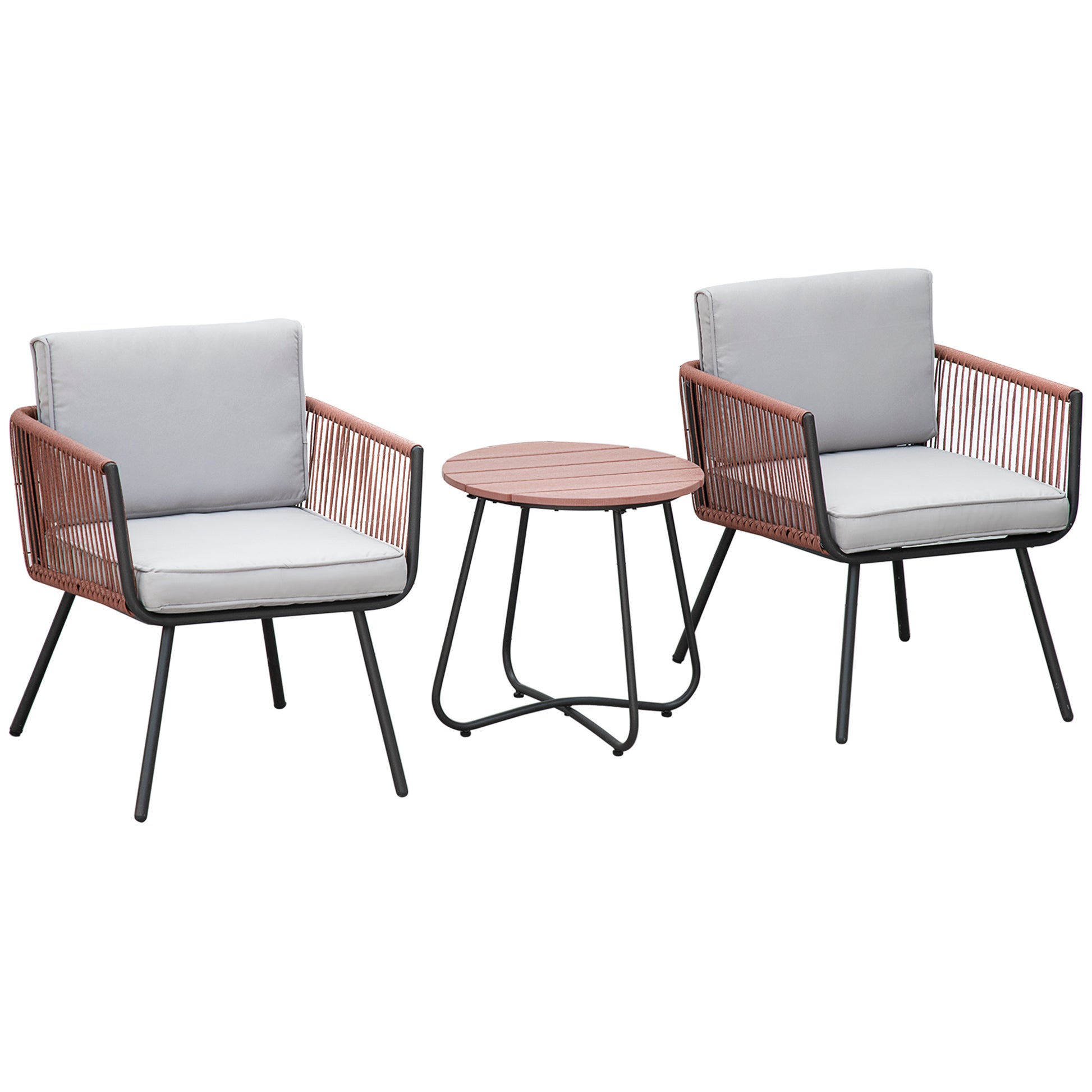 Synthetic Rattan Garden Furniture Set 3 Pieces Table and 2 Rattan Chairs with Removable Padded Cushions for Balcony Terrace Patio Teak and Gray