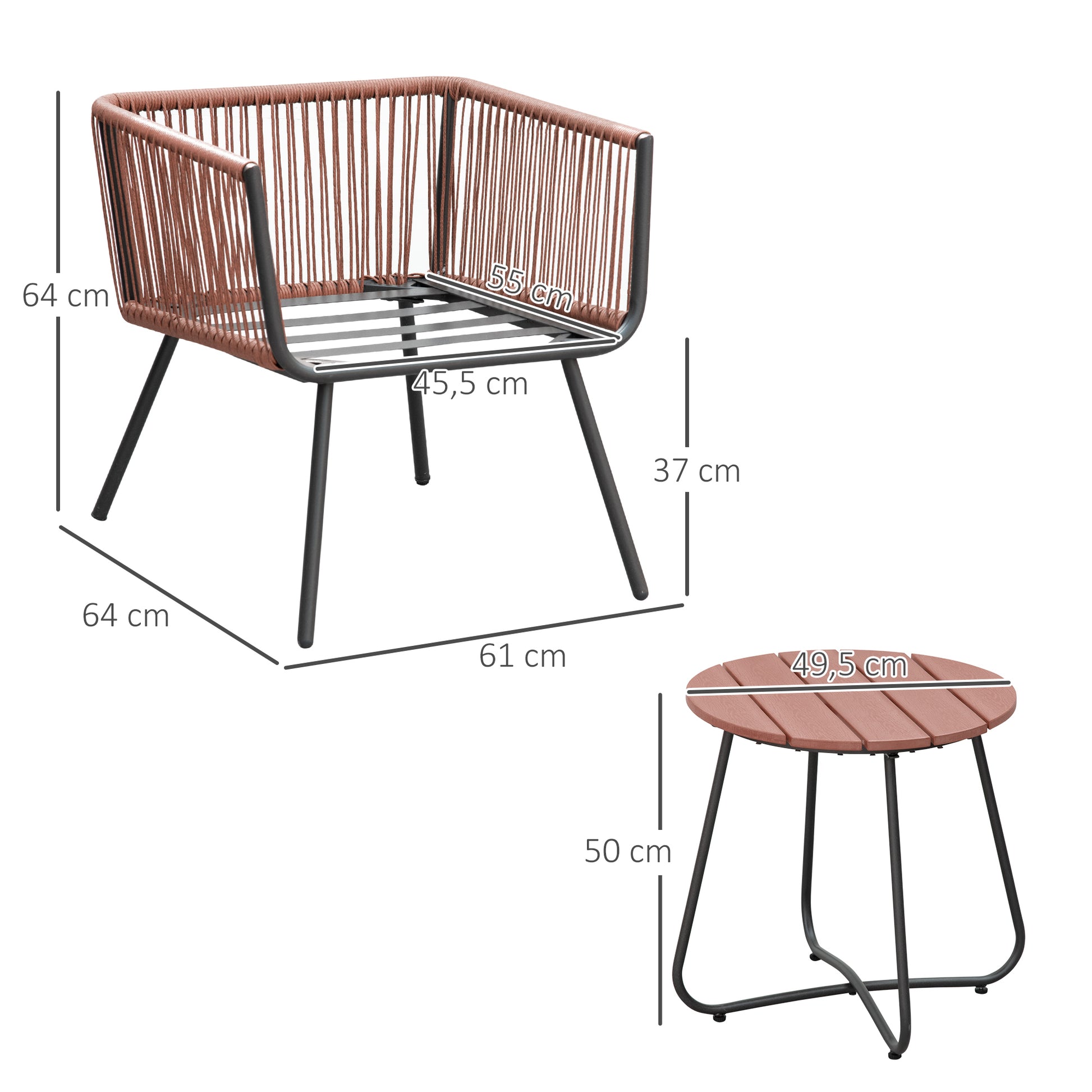 Synthetic Rattan Garden Furniture Set 3 Pieces Table and 2 Rattan Chairs with Removable Padded Cushions for Balcony Terrace Patio Teak and Gray