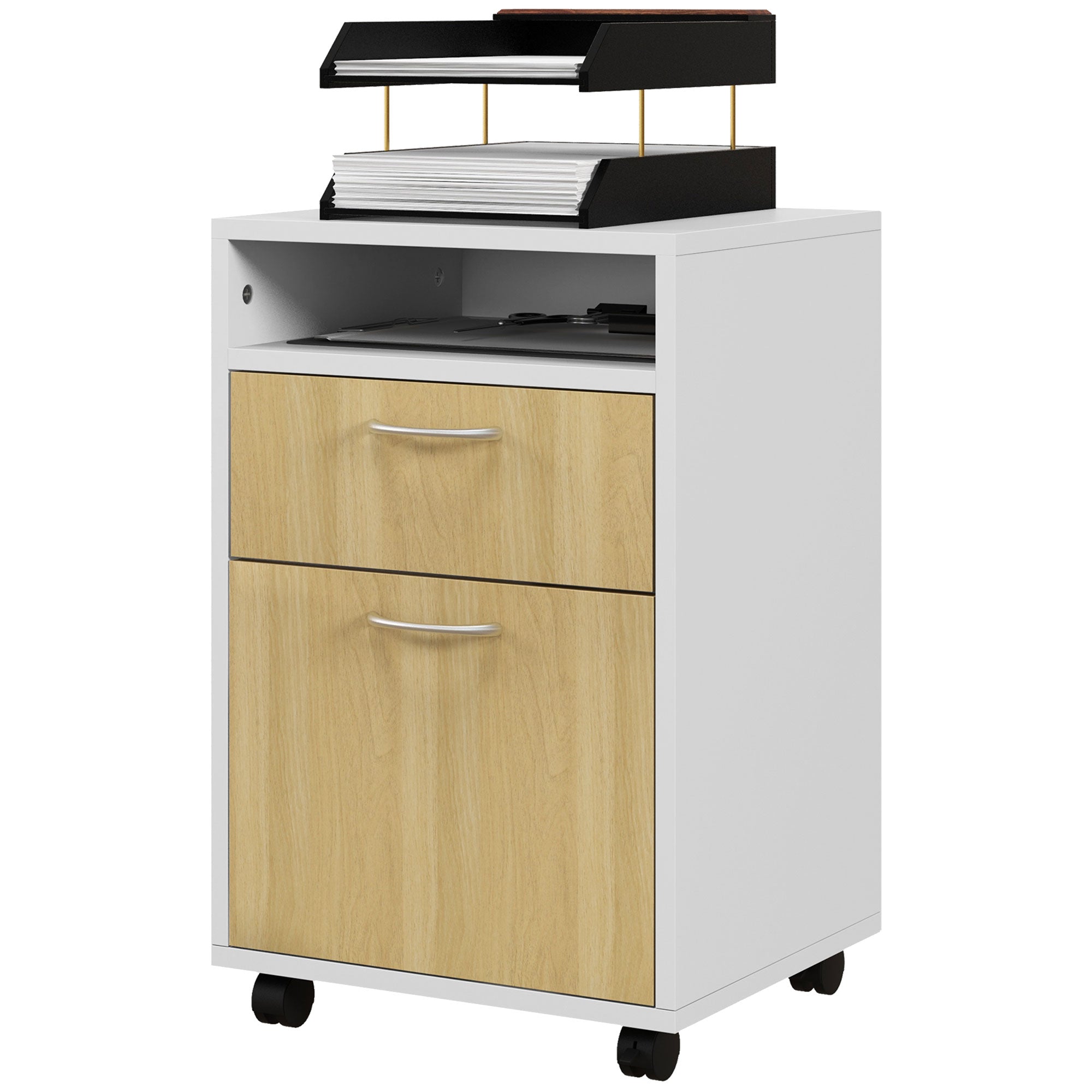 Mobile Office Filing Cabinet with Drawer and Cabinet Printer Stand for Study 40x35x60 cm Natural and White