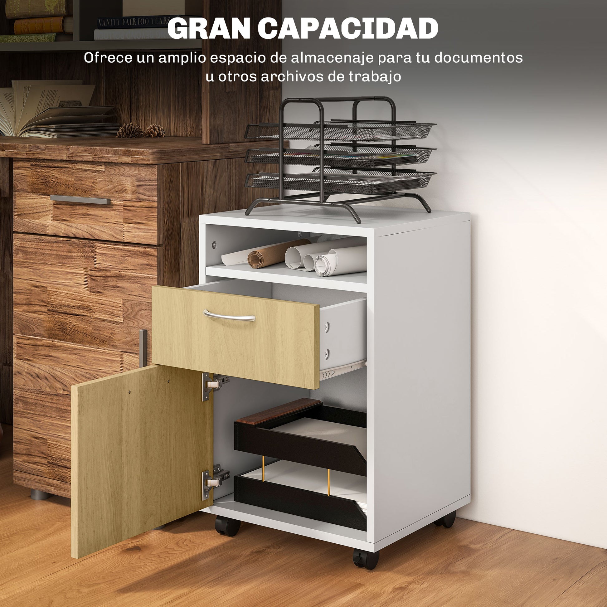 Mobile Office Filing Cabinet with Drawer and Cabinet Printer Stand for Study 40x35x60 cm Natural and White