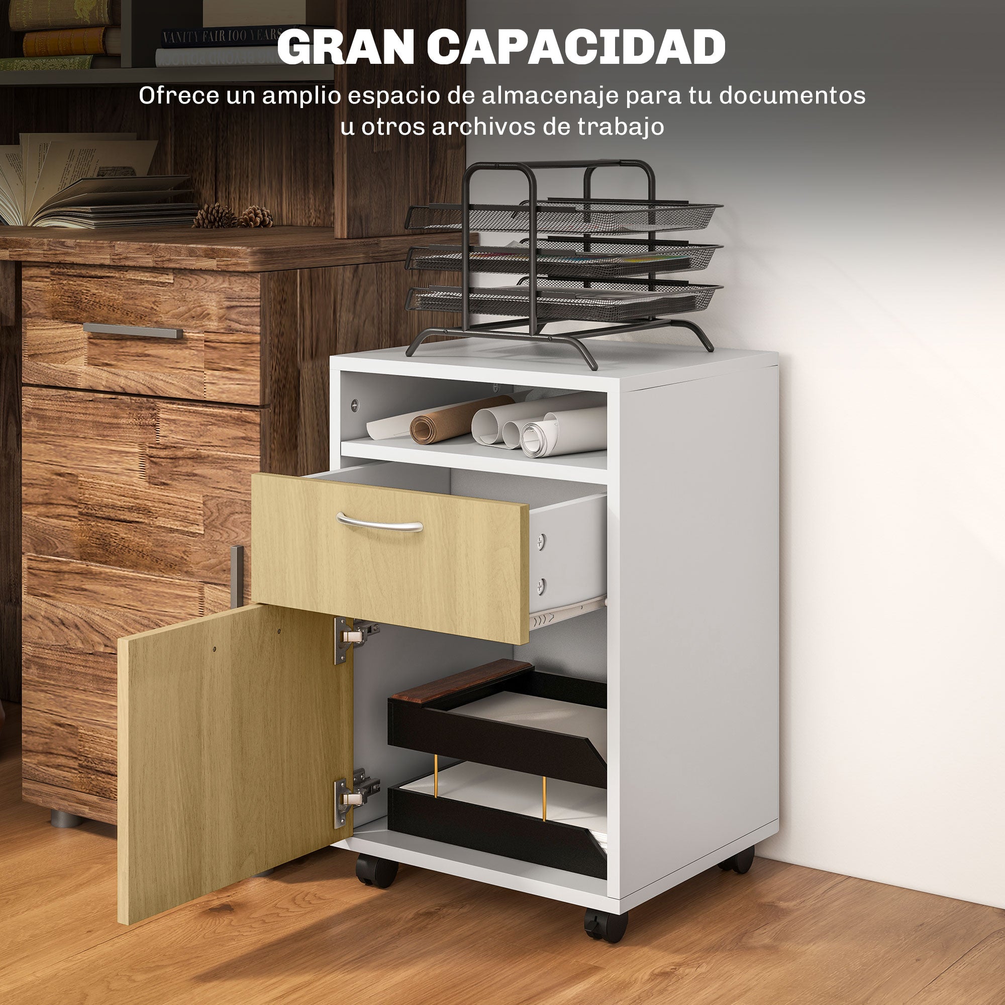 Mobile Office Filing Cabinet with Drawer and Cabinet Printer Stand for Study 40x35x60 cm Natural and White