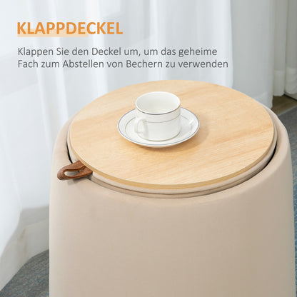 Storage Ottoman 2-in-1 Stool with Lid, Round Footstool Ottoman Pouffe with Velvet Look Side Table for Living Room Bedroom Ø44 x 47.5 cm Beige