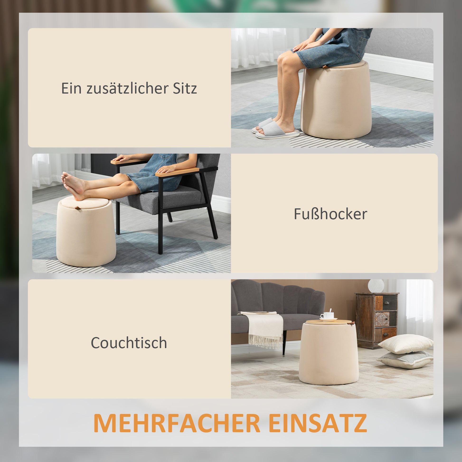 Storage Ottoman 2-in-1 Stool with Lid, Round Footstool Ottoman Pouffe with Velvet Look Side Table for Living Room Bedroom Ø44 x 47.5 cm Beige