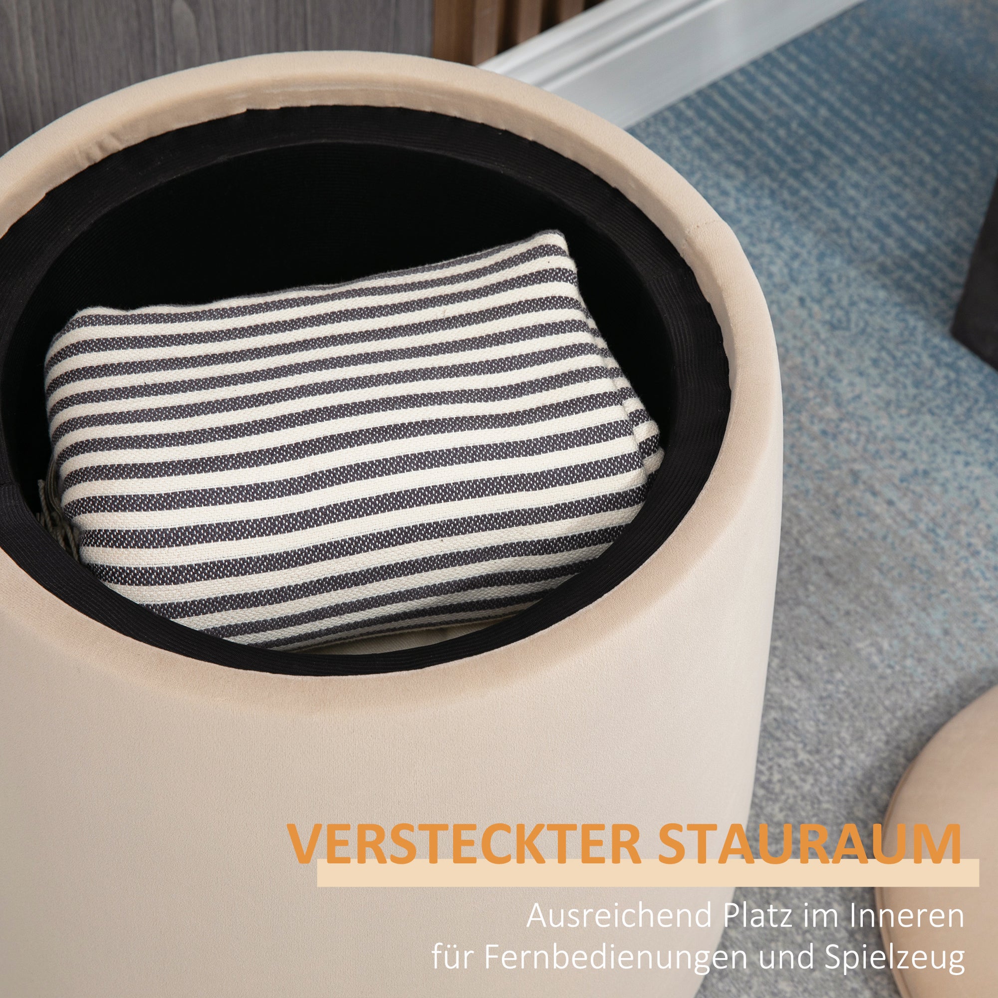 Storage Ottoman 2-in-1 Stool with Lid, Round Footstool Ottoman Pouffe with Velvet Look Side Table for Living Room Bedroom Ø44 x 47.5 cm Beige