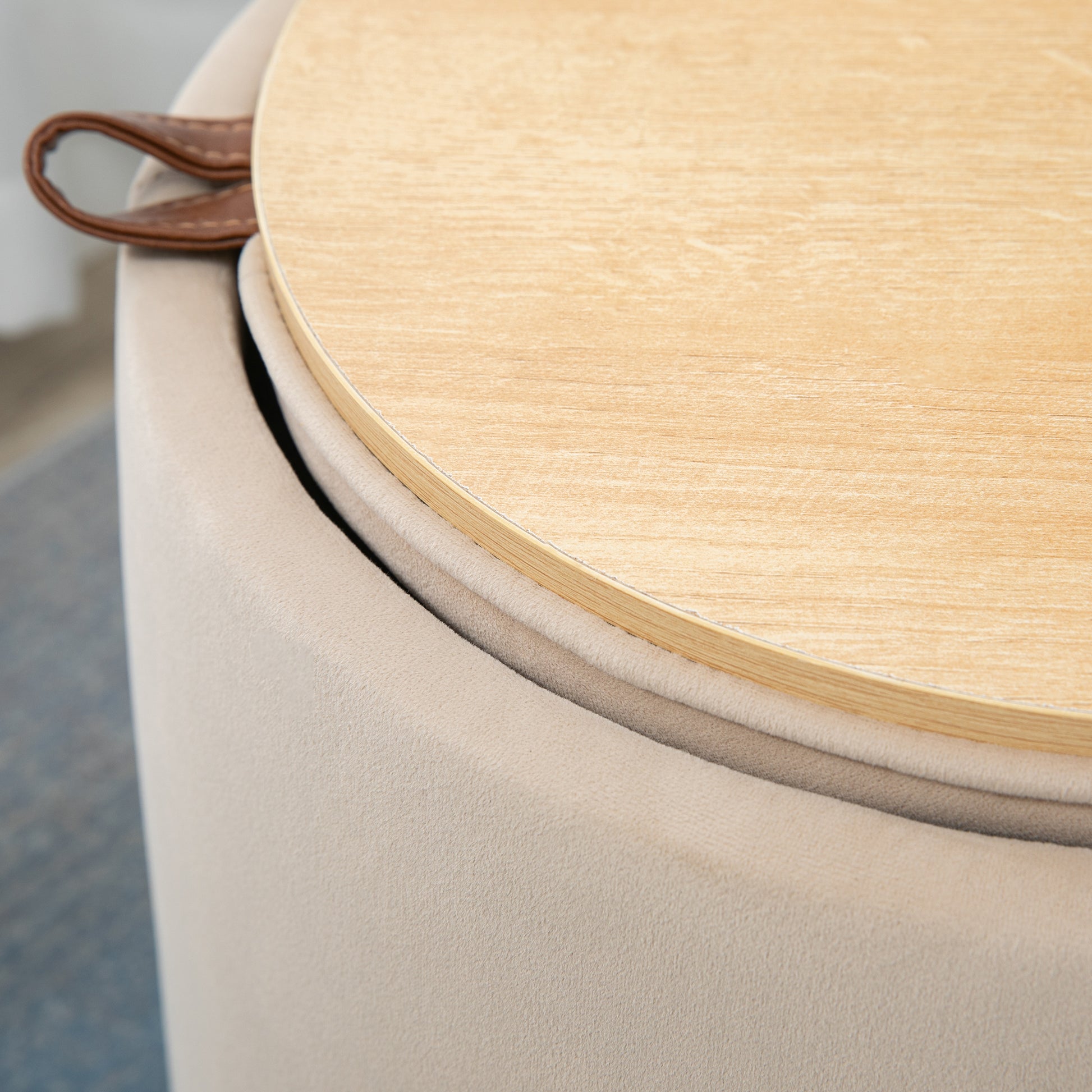 Storage Ottoman 2-in-1 Stool with Lid, Round Footstool Ottoman Pouffe with Velvet Look Side Table for Living Room Bedroom Ø44 x 47.5 cm Beige