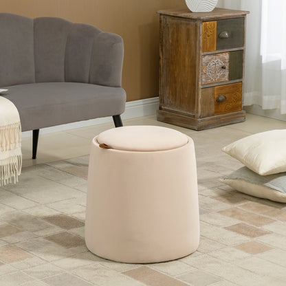 Storage Ottoman 2-in-1 Stool with Lid, Round Footstool Ottoman Pouffe with Velvet Look Side Table for Living Room Bedroom Ø44 x 47.5 cm Beige