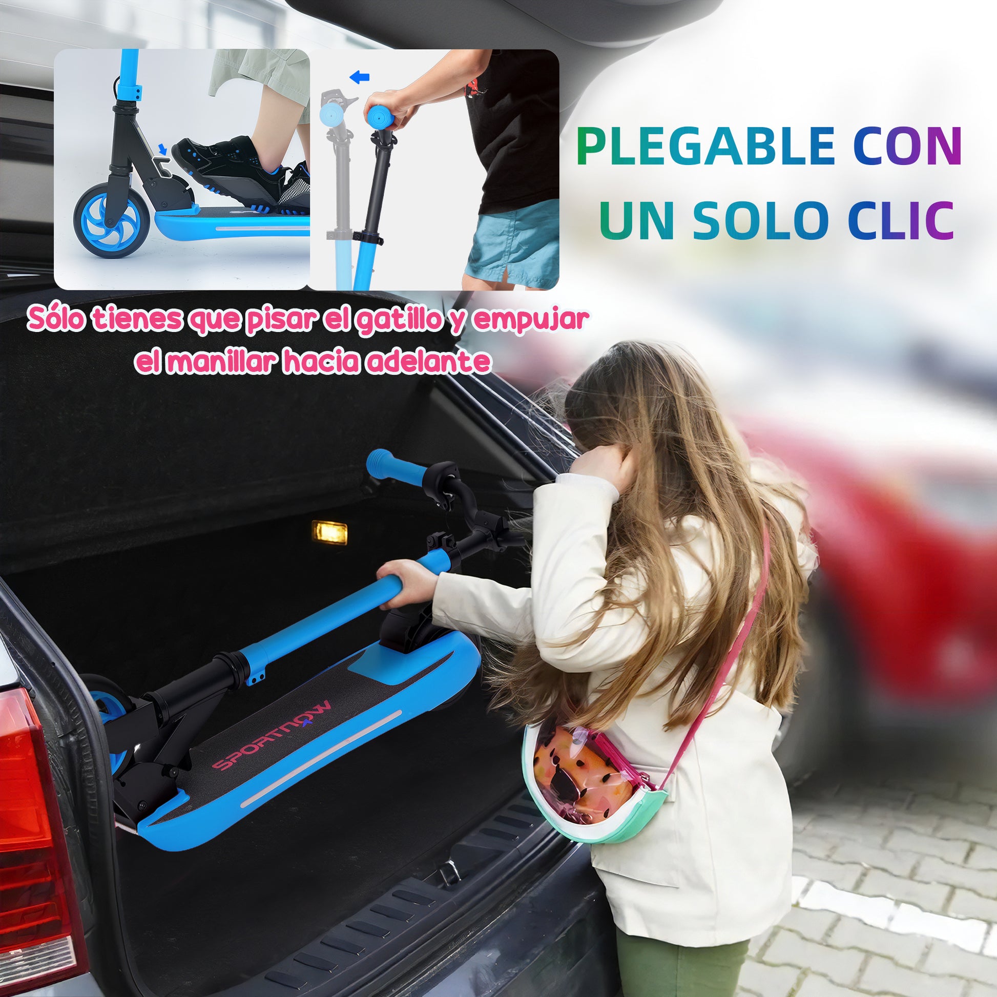 SPORTNOW Foldable Electric Scooter MAX 10 KM/H Electric Scooter for +6 Years Old 120 W Motor Range 6 KM 5" - 5.5" Wheels Rear Brake Adjustable Height LED Lights and Blue Aluminum Frame
