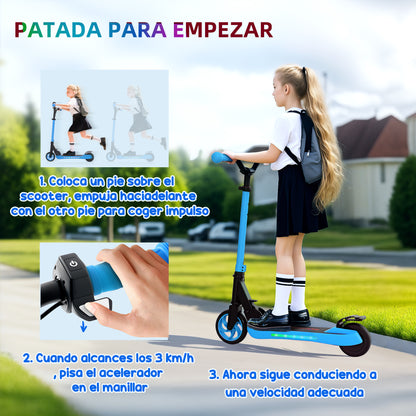 SPORTNOW Foldable Electric Scooter MAX 10 KM/H Electric Scooter for +6 Years Old 120 W Motor Range 6 KM 5" - 5.5" Wheels Rear Brake Adjustable Height LED Lights and Blue Aluminum Frame