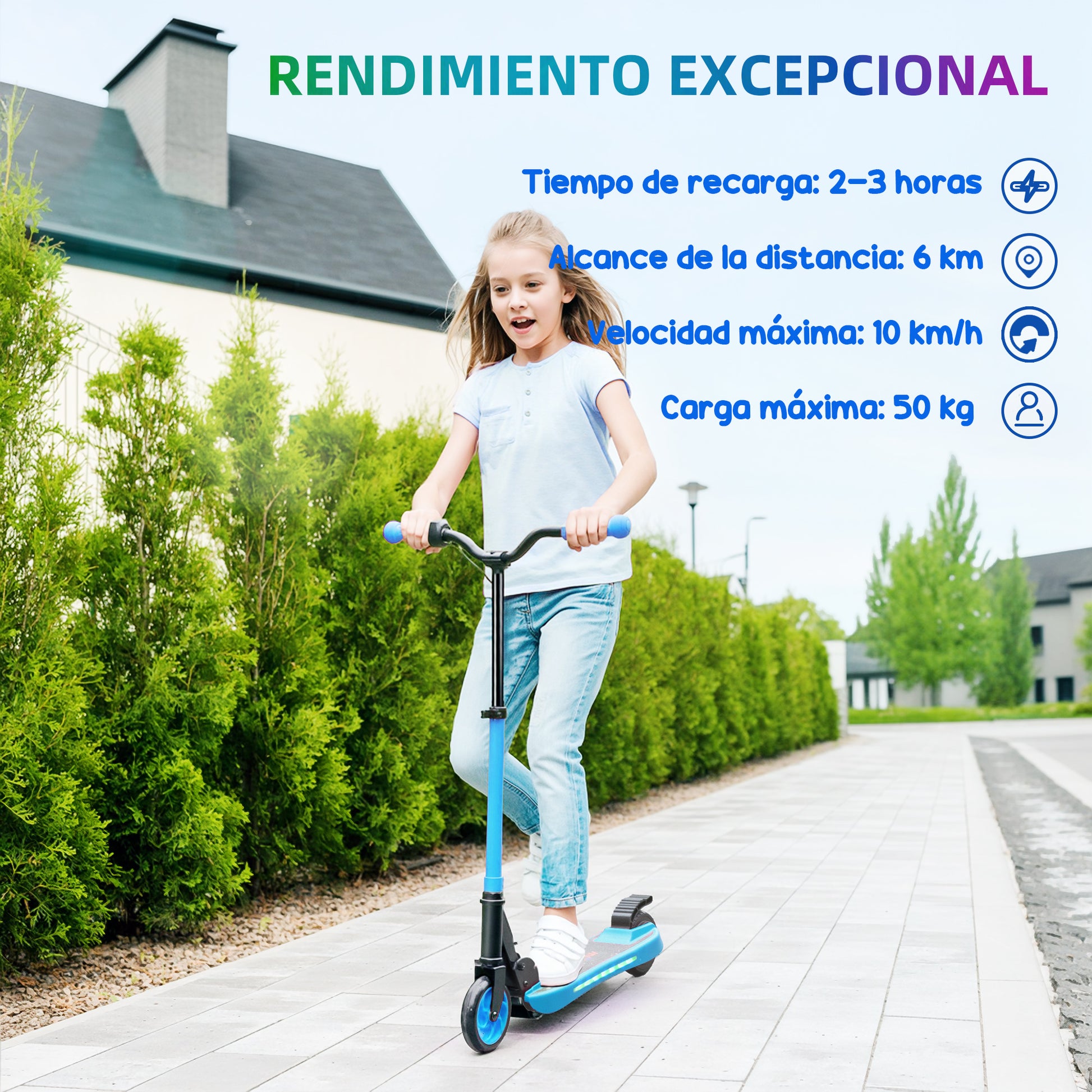 SPORTNOW Foldable Electric Scooter MAX 10 KM/H Electric Scooter for +6 Years Old 120 W Motor Range 6 KM 5" - 5.5" Wheels Rear Brake Adjustable Height LED Lights and Blue Aluminum Frame