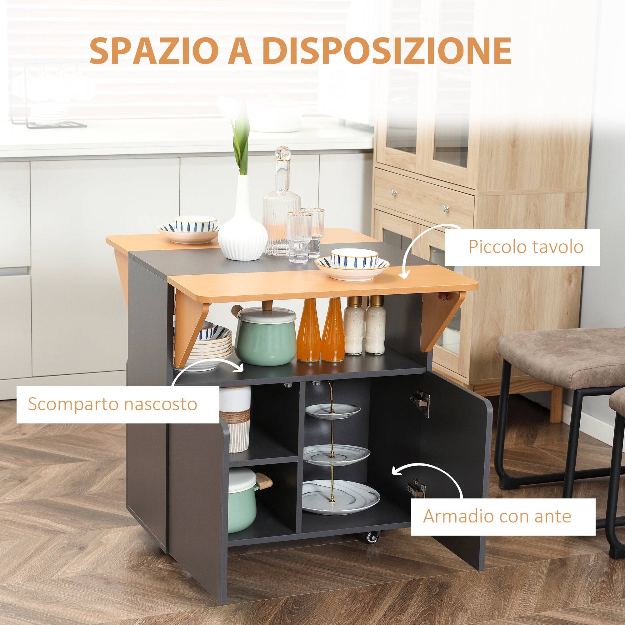 Space Saving Folding Table for up to 4 People with 4 Wheels, Hidden Shelf and Cabinet with Doors, 70x83x75 cm, Yellow and Grey