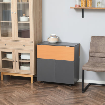 Space Saving Folding Table for up to 4 People with 4 Wheels, Hidden Shelf and Cabinet with Doors, 70x83x75 cm, Yellow and Grey