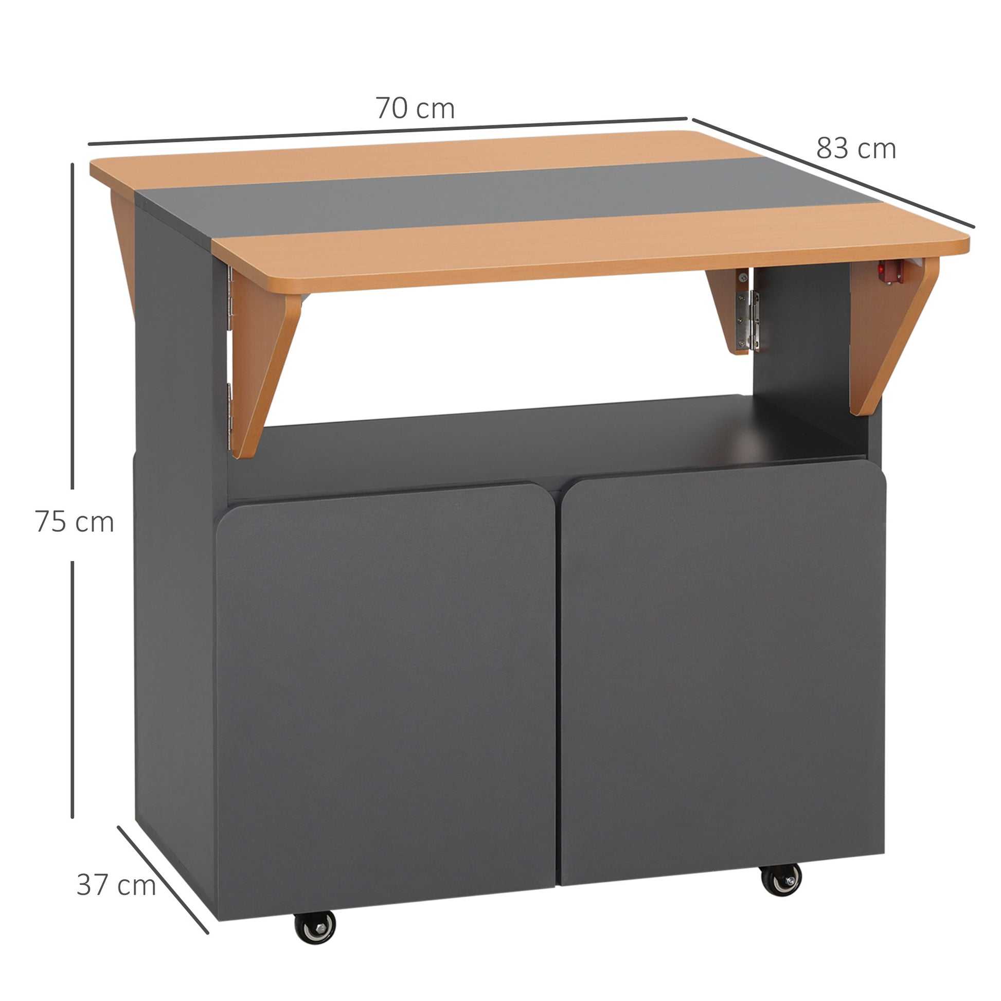 Space Saving Folding Table for up to 4 People with 4 Wheels, Hidden Shelf and Cabinet with Doors, 70x83x75 cm, Yellow and Grey
