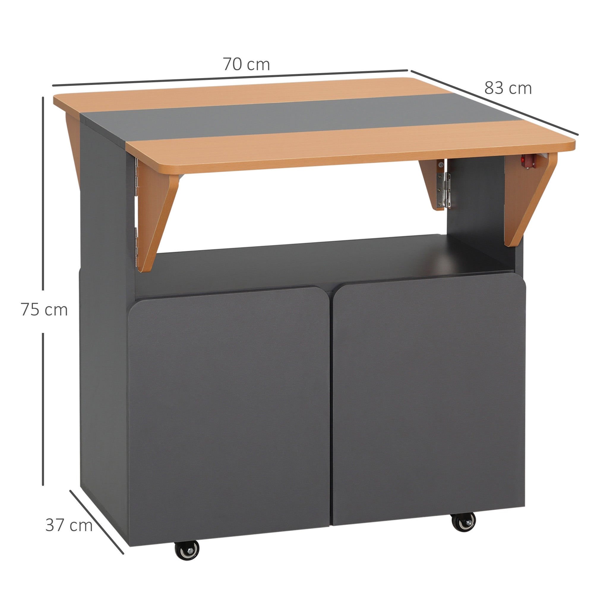 Space Saving Folding Table for up to 4 People with 4 Wheels, Hidden Shelf and Cabinet with Doors, 70x83x75 cm, Yellow and Grey