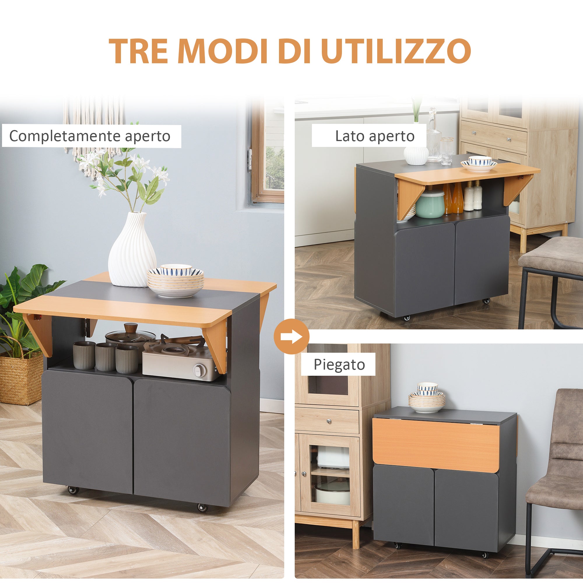 Space Saving Folding Table for up to 4 People with 4 Wheels, Hidden Shelf and Cabinet with Doors, 70x83x75 cm, Yellow and Grey