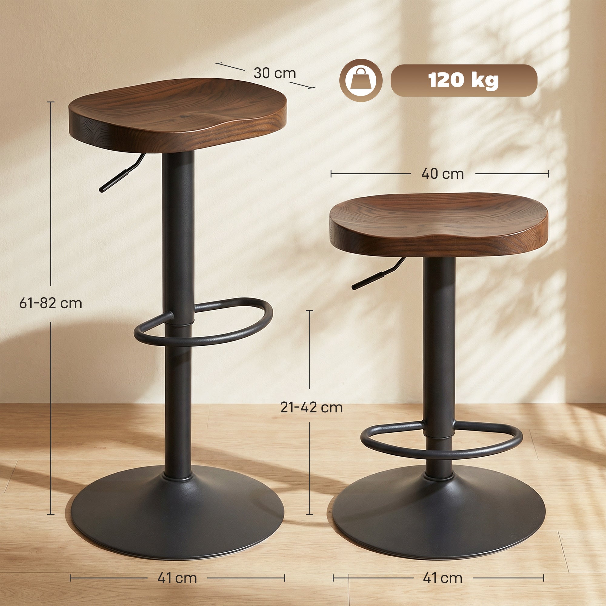 2-Pack Adjustable Swivel Bar Stools with Elm Saddle Seat, 24–32.3 in Height, Dark Brown/Black