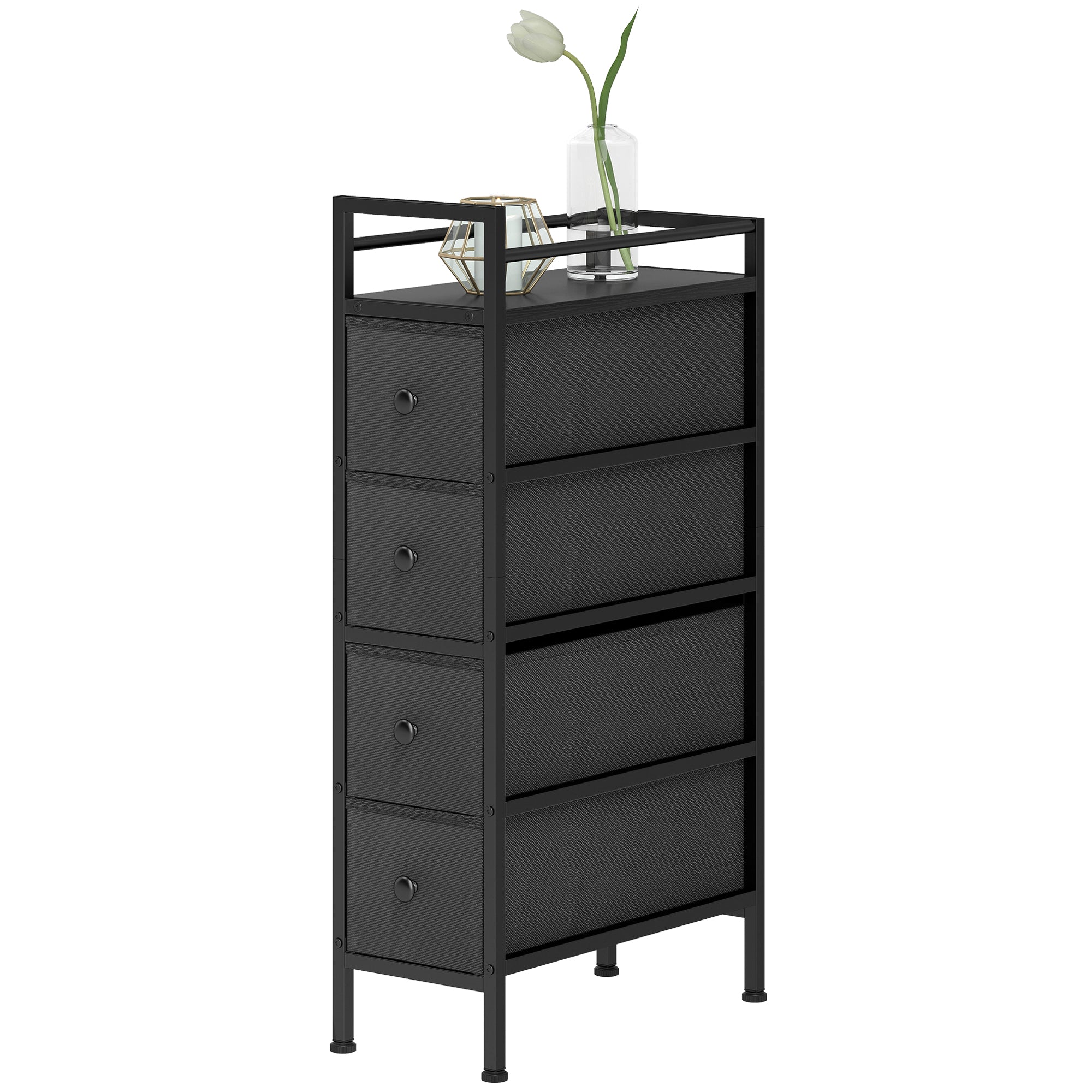 Narrow 4-Drawer Fabric Dresser with Steel Frame – Modern Storage Cabinet for Bedroom & Living Room, Black