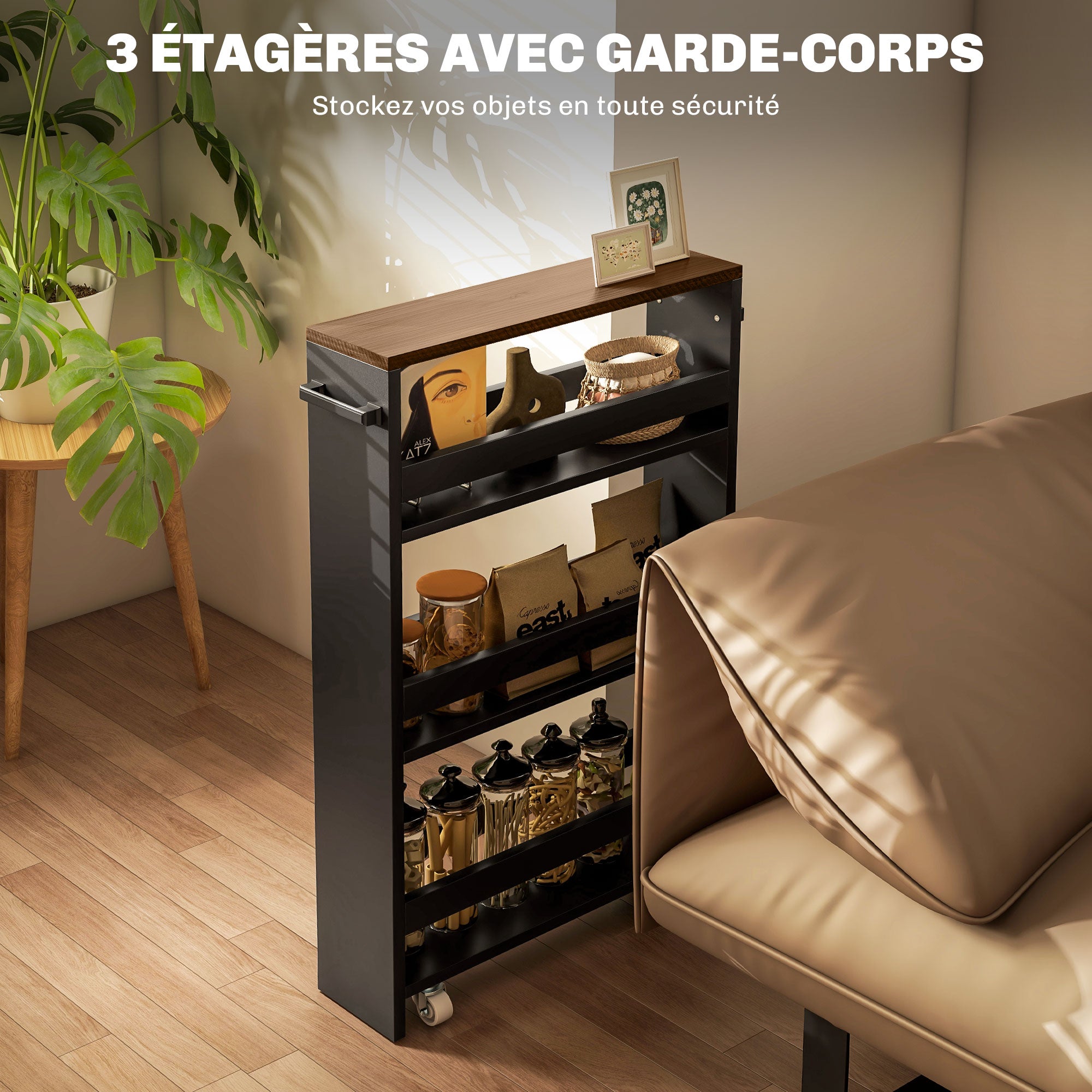 Storage Trolley Cart with Wheels and 3 Storage Levels, dim. 51.5L x 13W x 80H cm, for Kitchen Bathroom Office, black