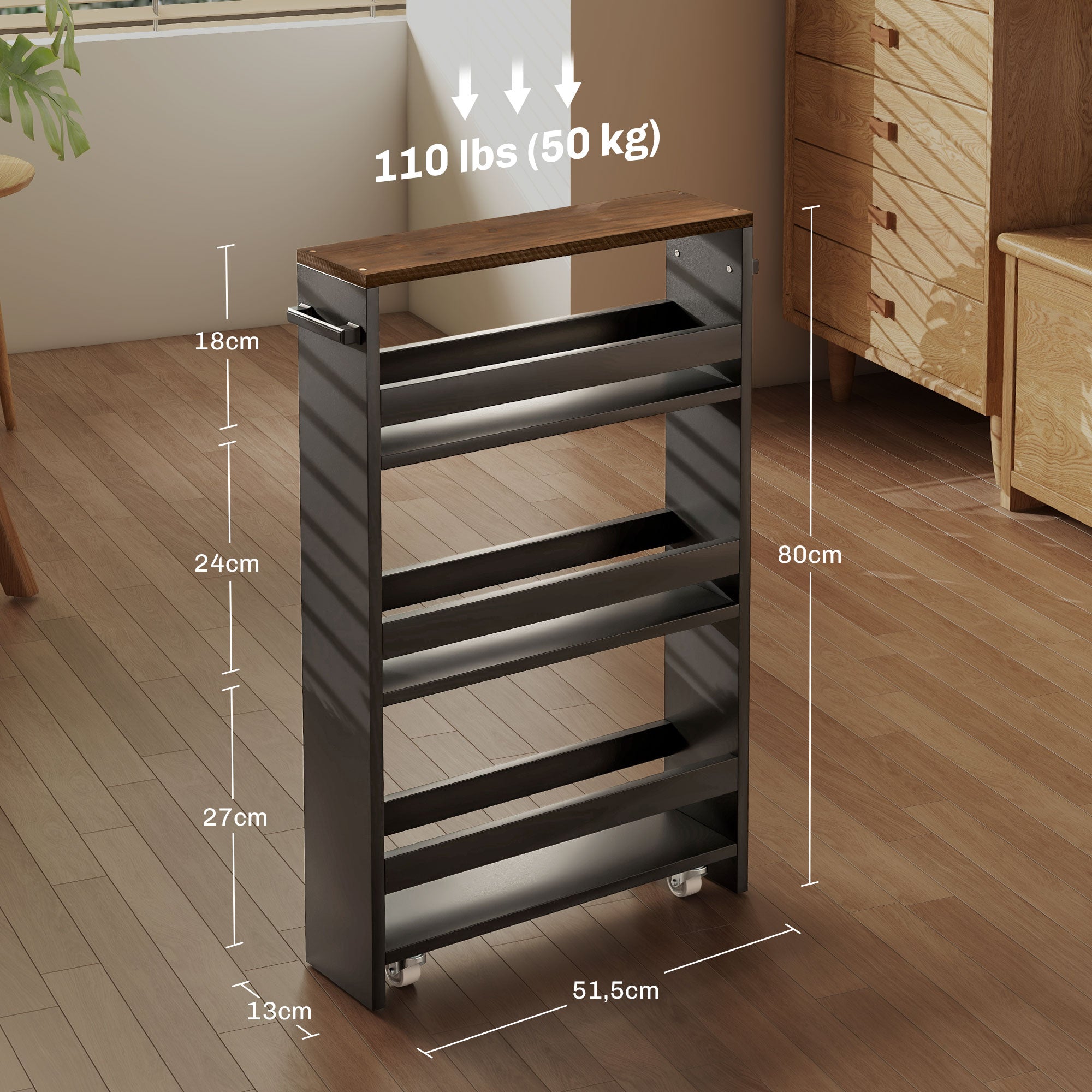 Storage Trolley Cart with Wheels and 3 Storage Levels, dim. 51.5L x 13W x 80H cm, for Kitchen Bathroom Office, black