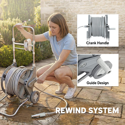 Hose Reel Cart with 148 ft Hose, 2-Mode Spray Nozzle, Faucet Adapter, Hose Guide & Crank — Garden Hose Reel for Yard & Balcony, 17.7 x 17.3 x 30.7 in, Gray