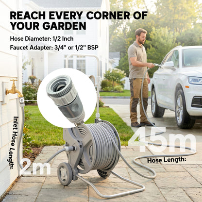 Hose Reel Cart with 148 ft Hose, 2-Mode Spray Nozzle, Faucet Adapter, Hose Guide & Crank — Garden Hose Reel for Yard & Balcony, 17.7 x 17.3 x 30.7 in, Gray