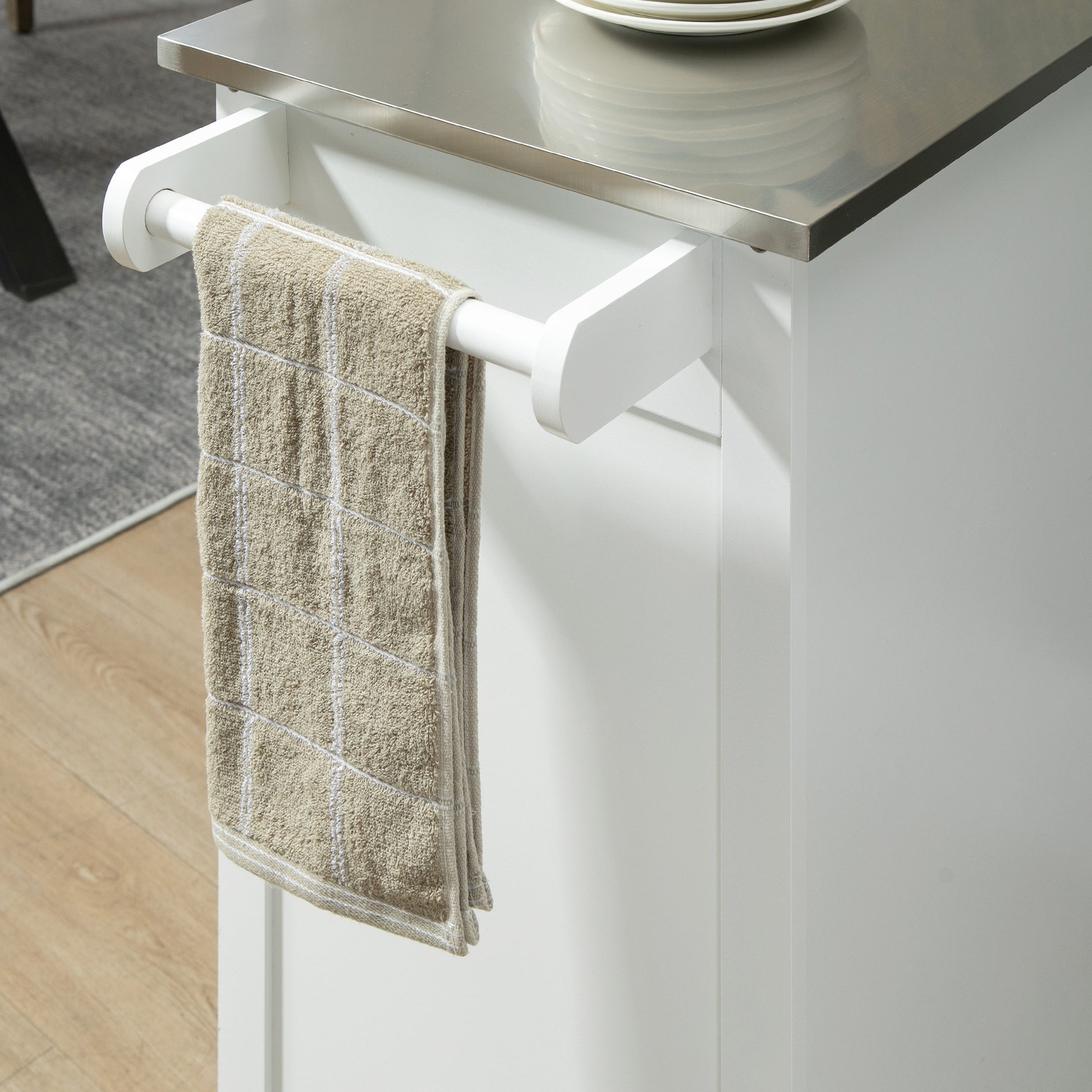 White MDF and Stainless Steel Kitchen Island Trolley with Wheels Multi-storage 1 Drawer Cupboard 2 Doors with Towel Holder