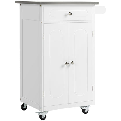 White MDF and Stainless Steel Kitchen Island Trolley with Wheels Multi-storage 1 Drawer Cupboard 2 Doors with Towel Holder