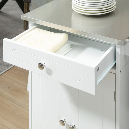 White MDF and Stainless Steel Kitchen Island Trolley with Wheels Multi-storage 1 Drawer Cupboard 2 Doors with Towel Holder