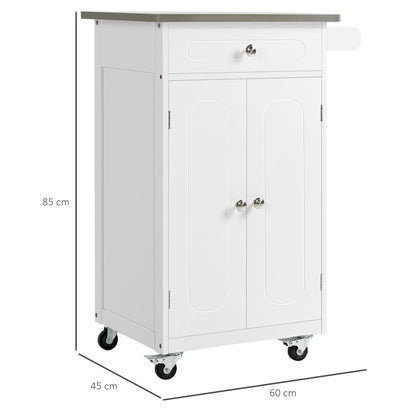 White MDF and Stainless Steel Kitchen Island Trolley with Wheels Multi-storage 1 Drawer Cupboard 2 Doors with Towel Holder
