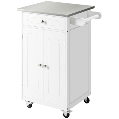 White MDF and Stainless Steel Kitchen Island Trolley with Wheels Multi-storage 1 Drawer Cupboard 2 Doors with Towel Holder