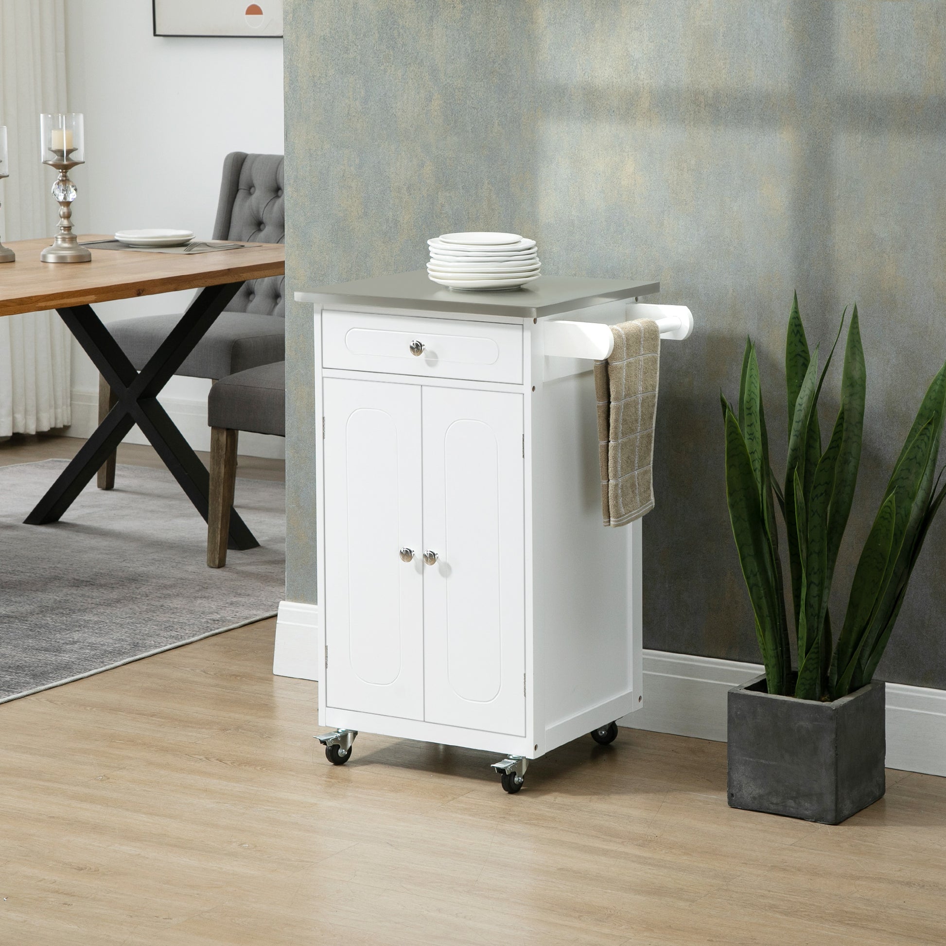 White MDF and Stainless Steel Kitchen Island Trolley with Wheels Multi-storage 1 Drawer Cupboard 2 Doors with Towel Holder