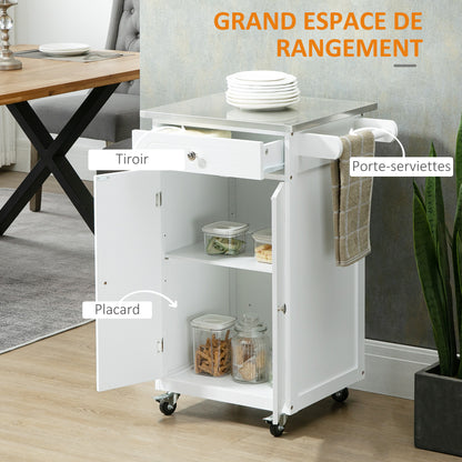 White MDF and Stainless Steel Kitchen Island Trolley with Wheels Multi-storage 1 Drawer Cupboard 2 Doors with Towel Holder