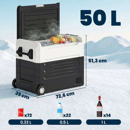 50L Dual-Zone Compressor Fridge (-4°F to 68°F) Portable Electric Car Cooler with App, LED, Battery Protection, Folding Handle — 12/24V DC & 110–230V AC