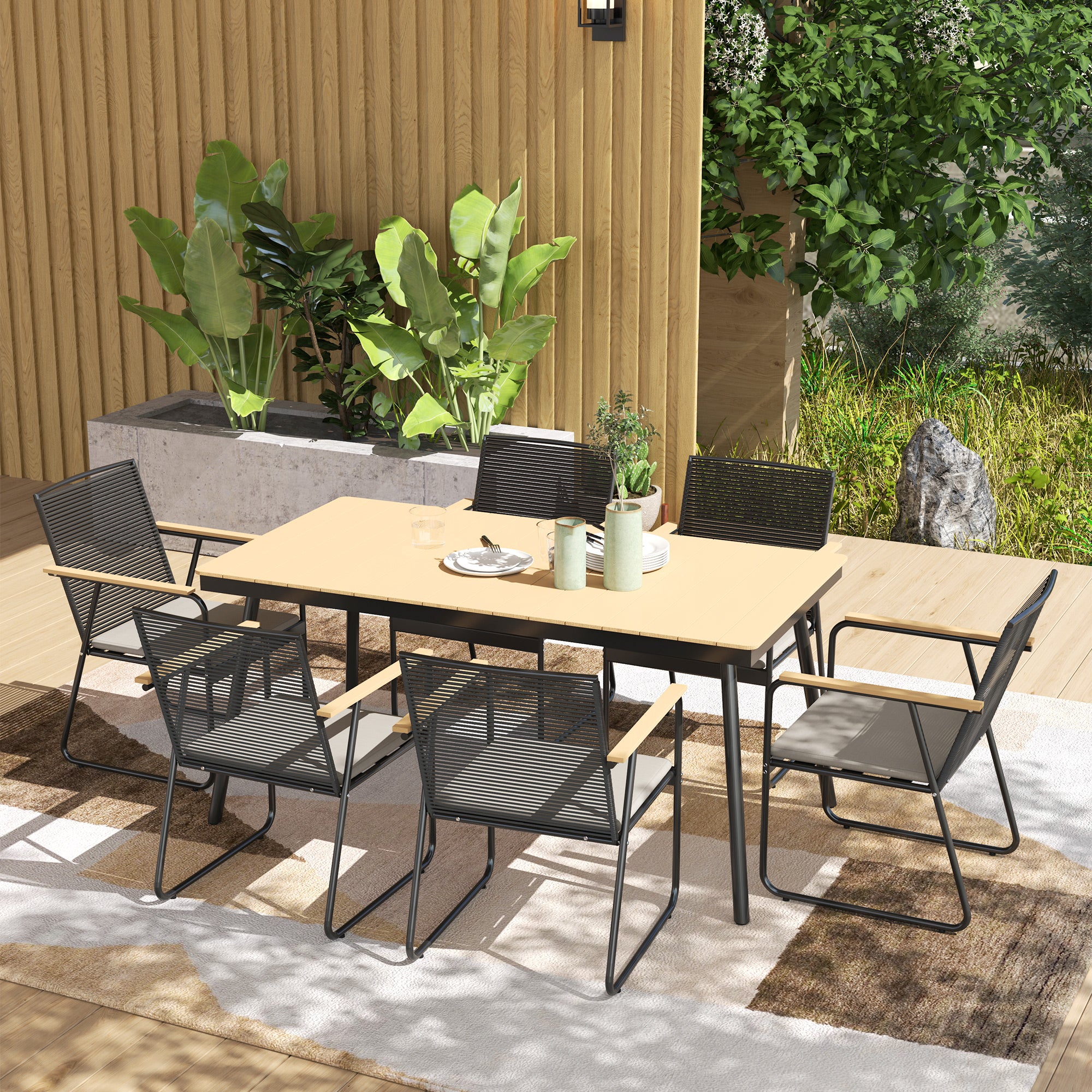 7-Piece Metal Dining Set for 6 People Dining Table with 6 Chairs Kitchen Table Set with Metal Frame Balcony Furniture Garden Furniture for Patio, Balcony Natural Wood