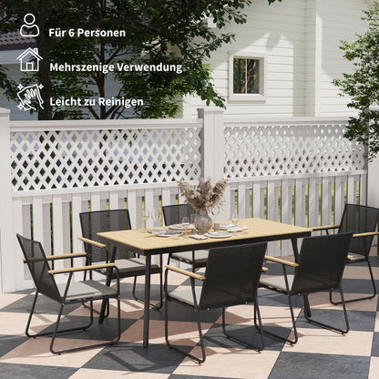 7-Piece Metal Dining Set for 6 People Dining Table with 6 Chairs Kitchen Table Set with Metal Frame Balcony Furniture Garden Furniture for Patio, Balcony Natural Wood
